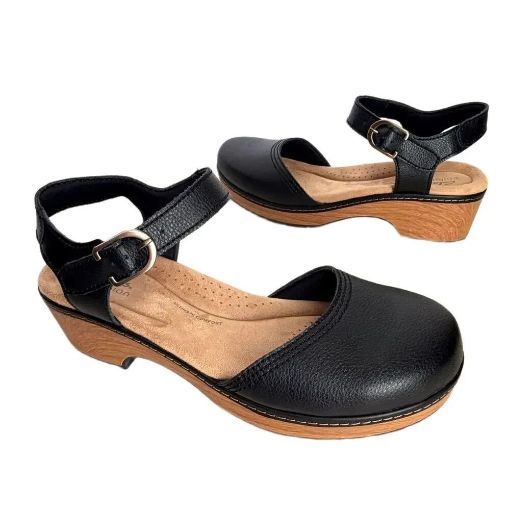 Clarks Shoes 10 Black Leather Platform Clog Ankle Strap Retro Girlhoodcore